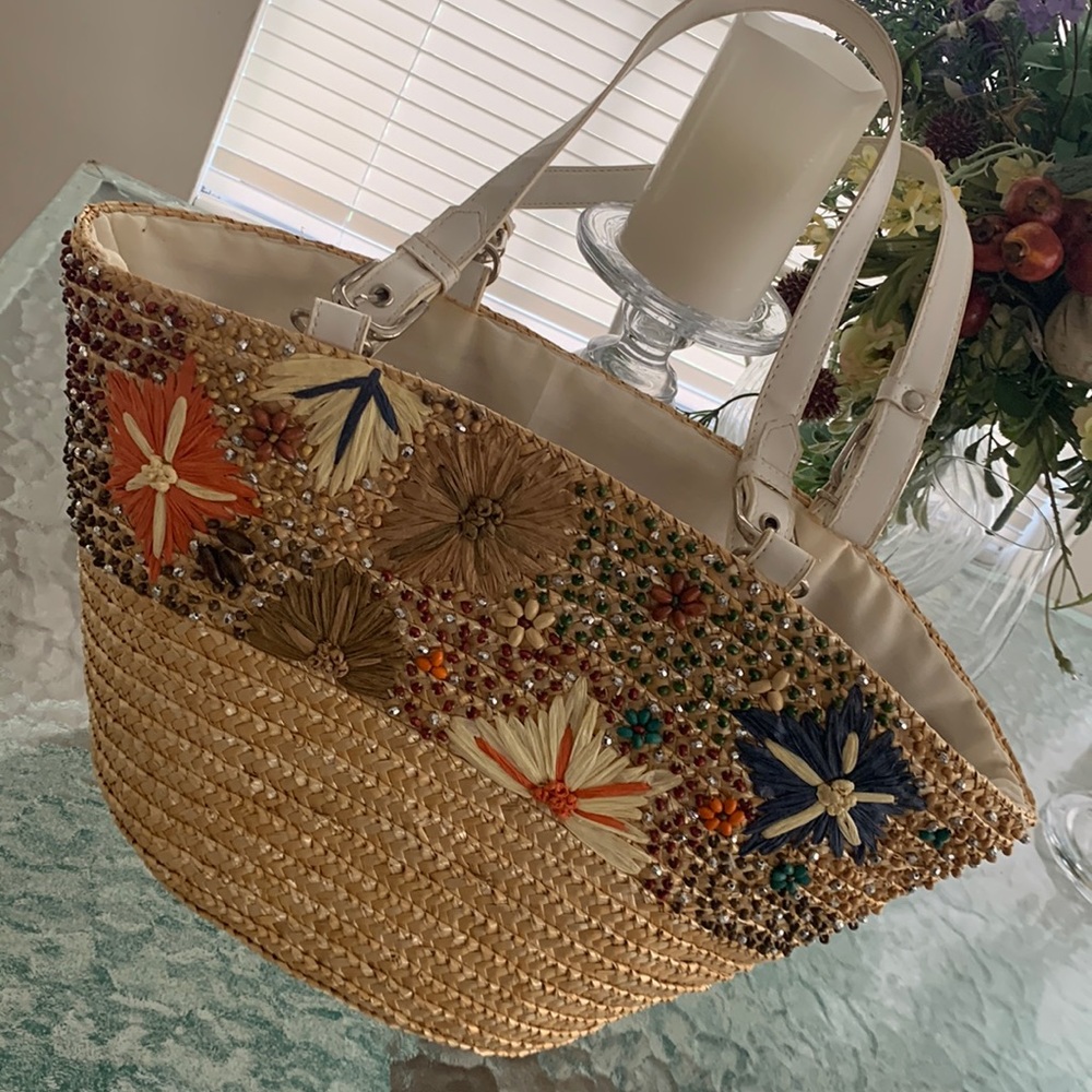NWOT Woven and Embellished bag with draw closure at top